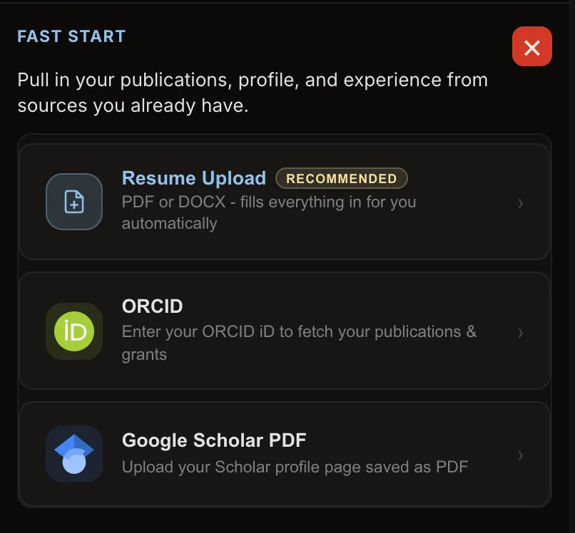 Fast Start import panel in Axe Builder with three sources: Resume Upload (PDF or DOCX), ORCID, and Google Scholar PDF