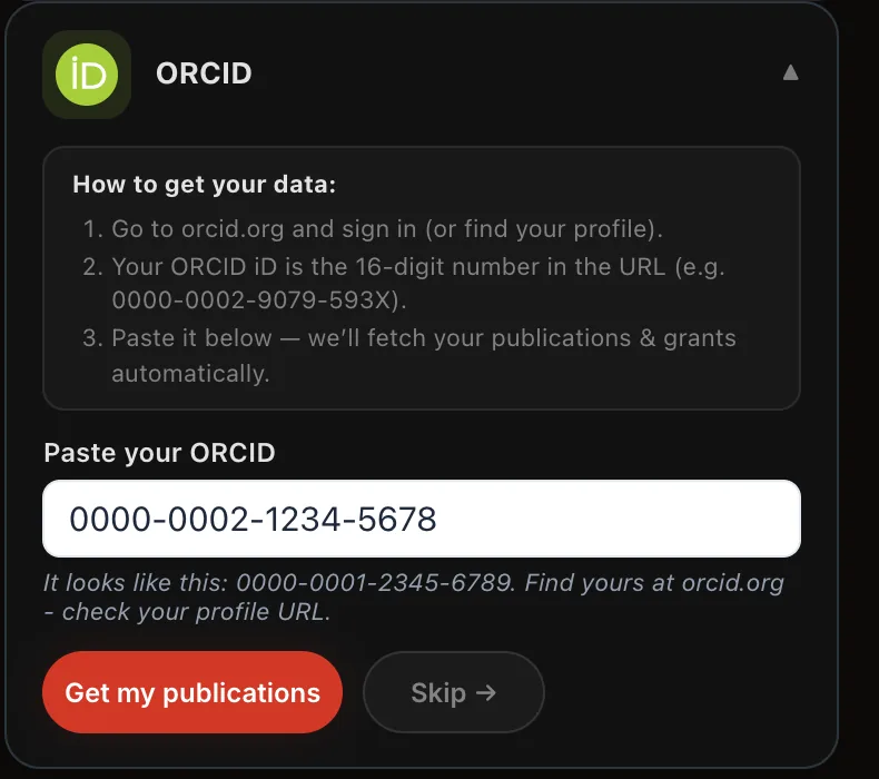 ORCID import in Axe Builder, the step where a researcher pastes an ORCID iD to fetch publications and grants