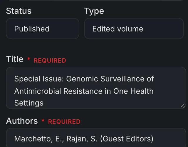 The publication editor in Axe Builder with the Type field set to "Edited volume" for a guest-edited special issue